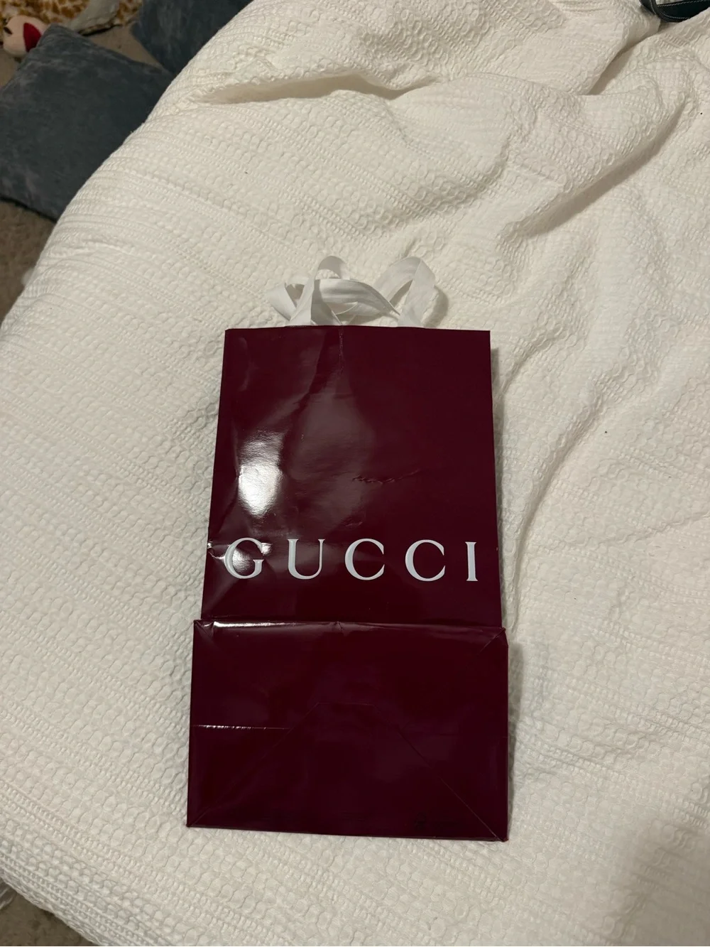 Gucci Burgundy Glossy Logo Gift Bag with White Handles